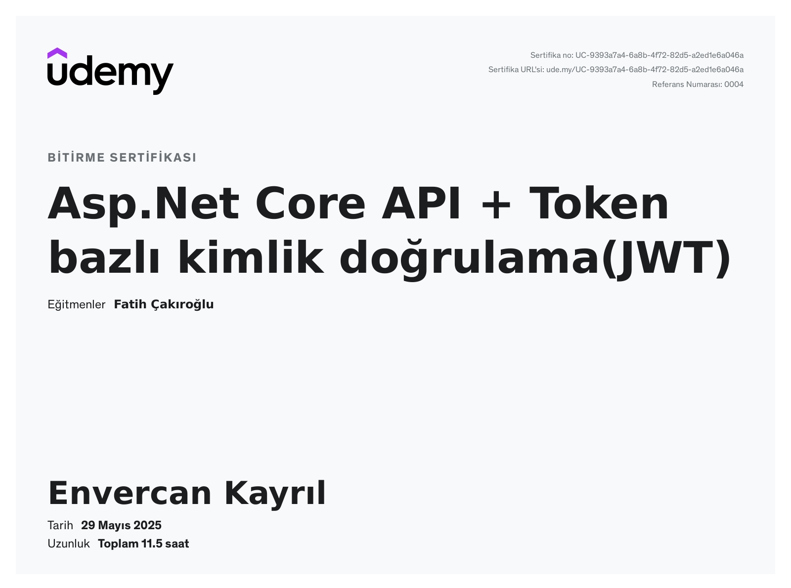 Asp.Net Core API + Token bazlı kimlik doğrulama (JWT)