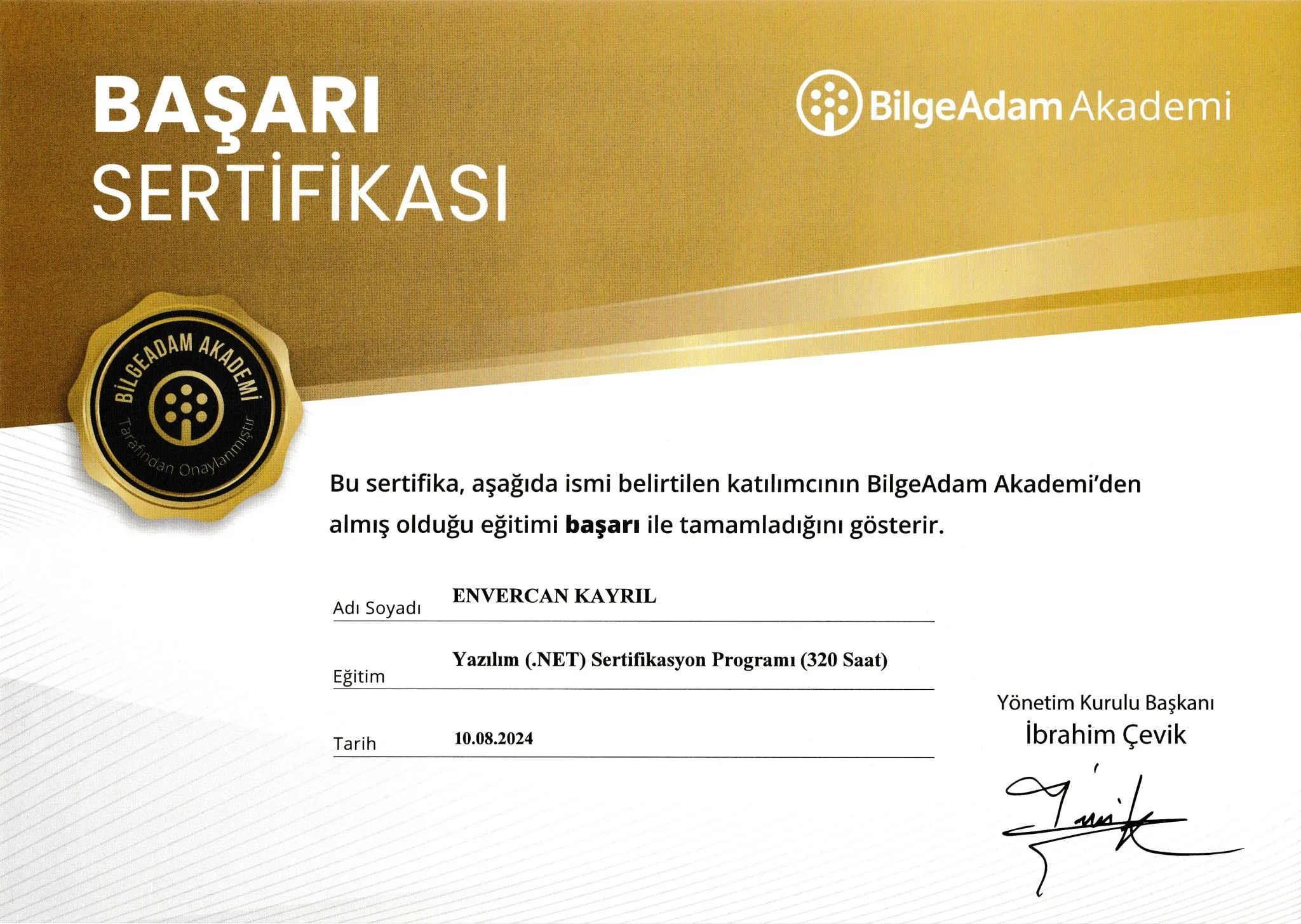 BilgeAdam .NET Eğitimi Başarı Sertifikası (Blog Projesi)